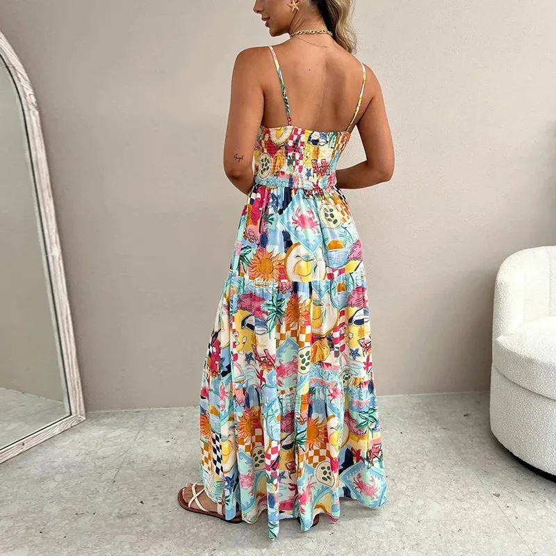 Vacation Spaghetti Strap Casual Pattern Printed Pleated Long Fashion Off Shoulder Bohemian Floral Summer Dress