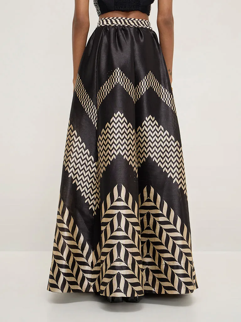 Vark Black Chevron Printed A-Line High-Rise Skirt