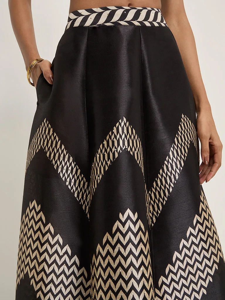 Vark Black Chevron Printed A-Line High-Rise Skirt