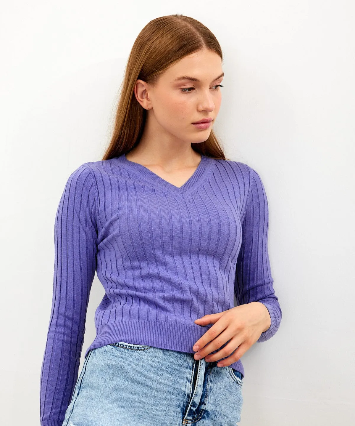 Vav Striped Crop Top Knitted Winter Sweater Lillac