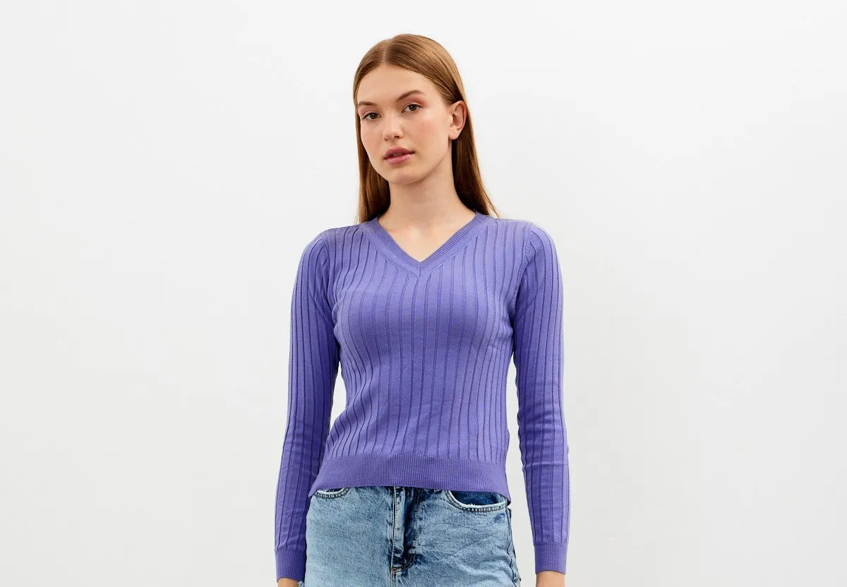 Vav Striped Crop Top Knitted Winter Sweater Lillac