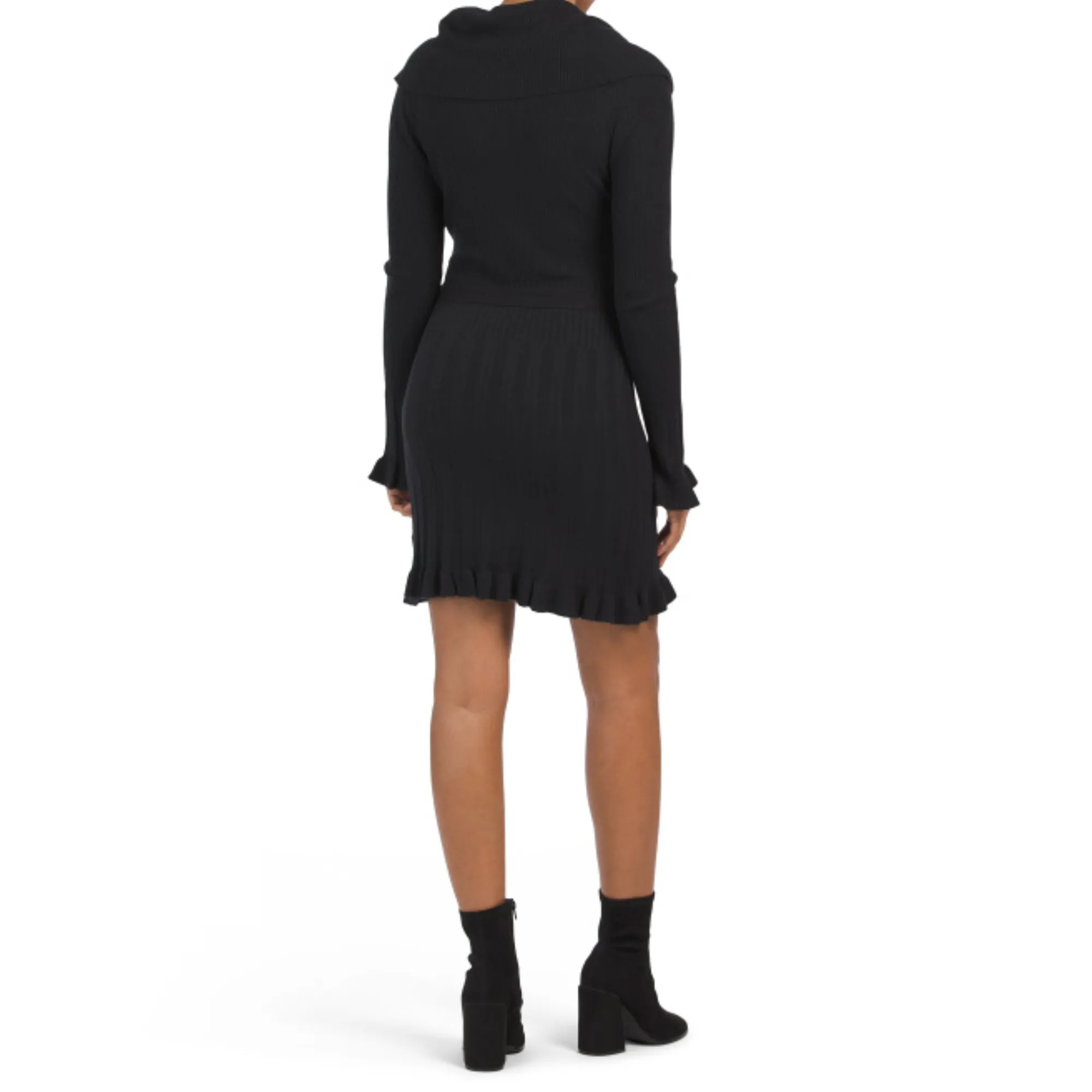 VERTIGO Cowl Neck Pleated Skirt Waist Tie Ribbed Knit Mini Dress