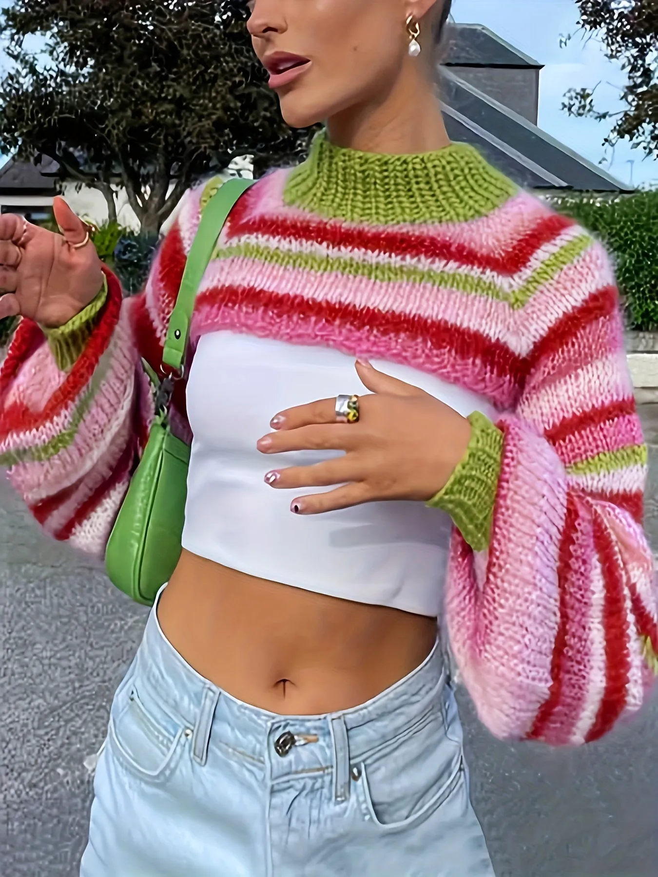 Vibrant Stripe Lantern Sleeve Crop Sweater - Soft Mock Neck, Relaxed Fit, Colorful Y2K Inspired Design - Perfect for Spring & Fall, Women's Fashion Clothing