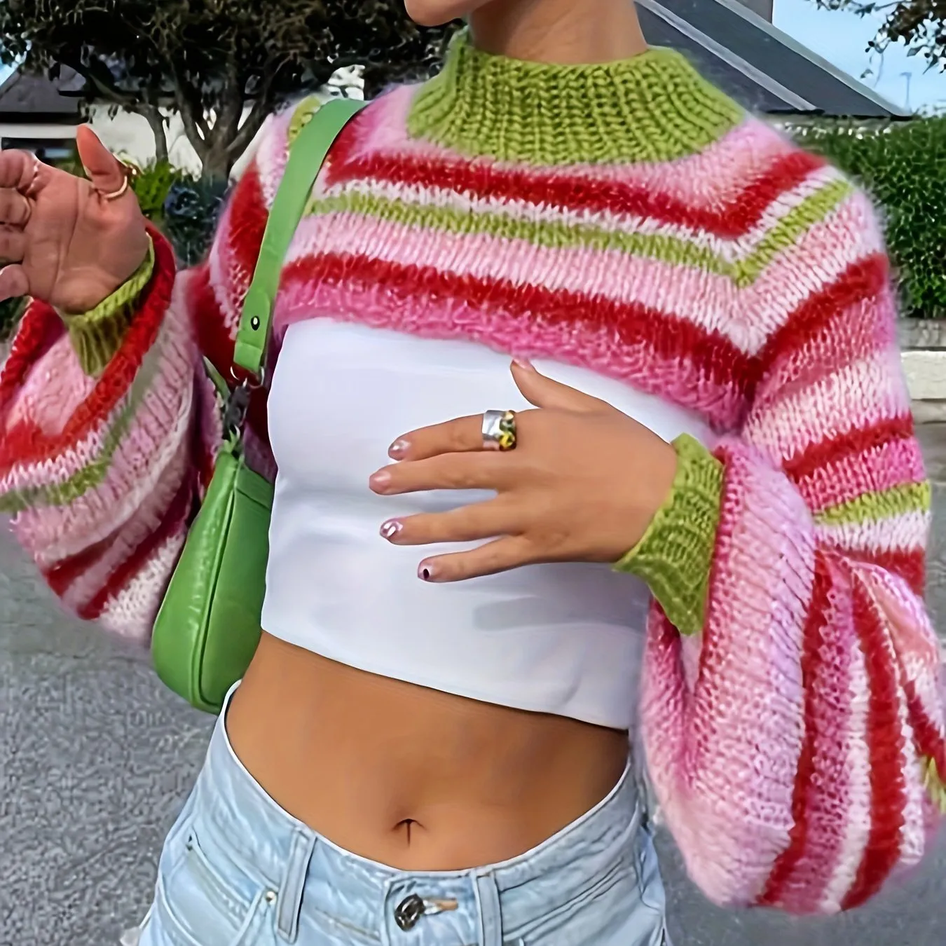 Vibrant Stripe Lantern Sleeve Crop Sweater - Soft Mock Neck, Relaxed Fit, Colorful Y2K Inspired Design - Perfect for Spring & Fall, Women's Fashion Clothing