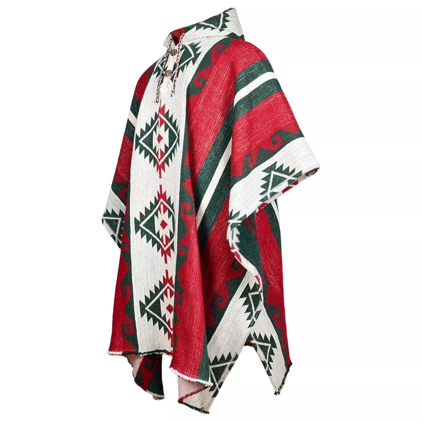 Villano - Llama Wool Unisex South American Handwoven Thick Hooded Poncho - Andean pattern - red-white-black colours