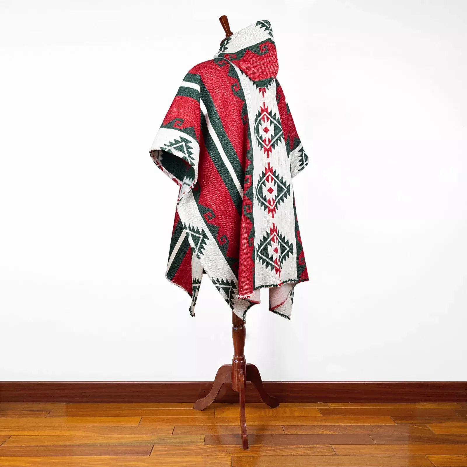 Villano - Llama Wool Unisex South American Handwoven Thick Hooded Poncho - Andean pattern - red-white-black colours