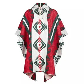 Villano - Llama Wool Unisex South American Handwoven Thick Hooded Poncho - Andean pattern - red-white-black colours