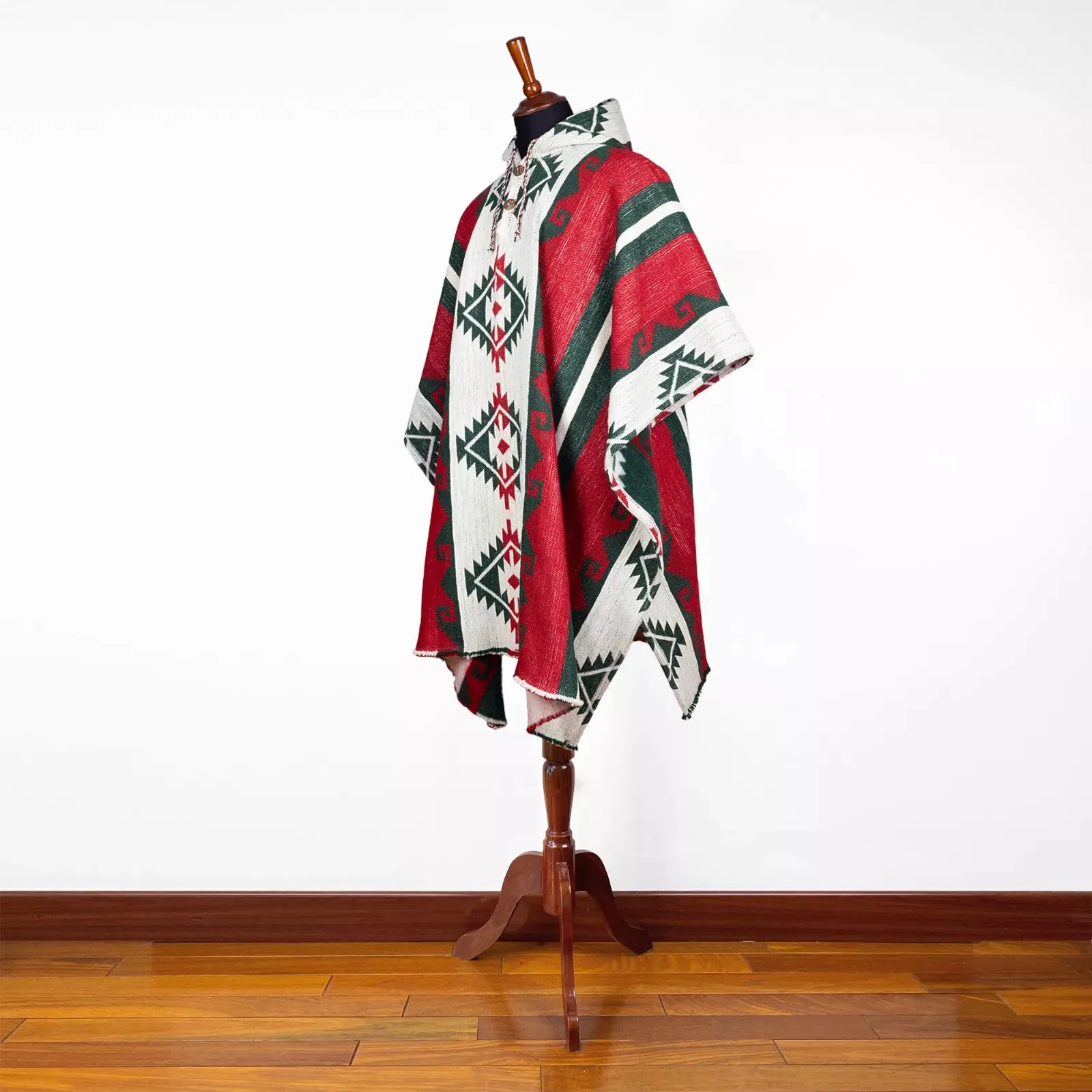 Villano - Llama Wool Unisex South American Handwoven Thick Hooded Poncho - Andean pattern - red-white-black colours