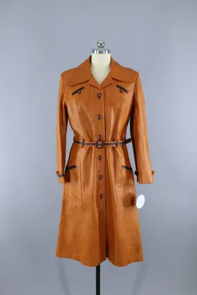 Vintage 1970s Tan Brown Leather Trench Coat