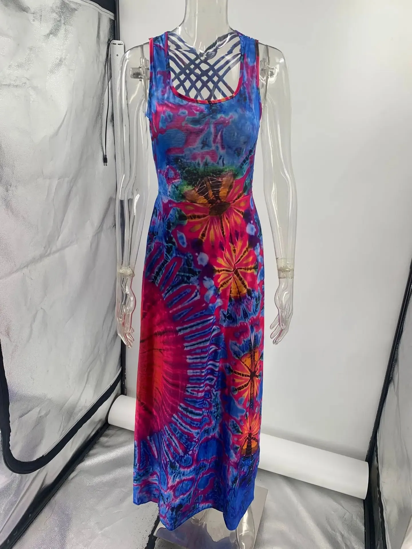 Vintage Printed Women's Fashion Summer Maxi Dress - Holiday Beach Sexy Halter Backless Cross Slim 2024