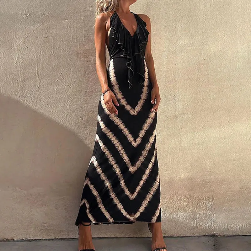 Waist Summer Dress Elegant Halter Slim Long Patterned Printed Party High