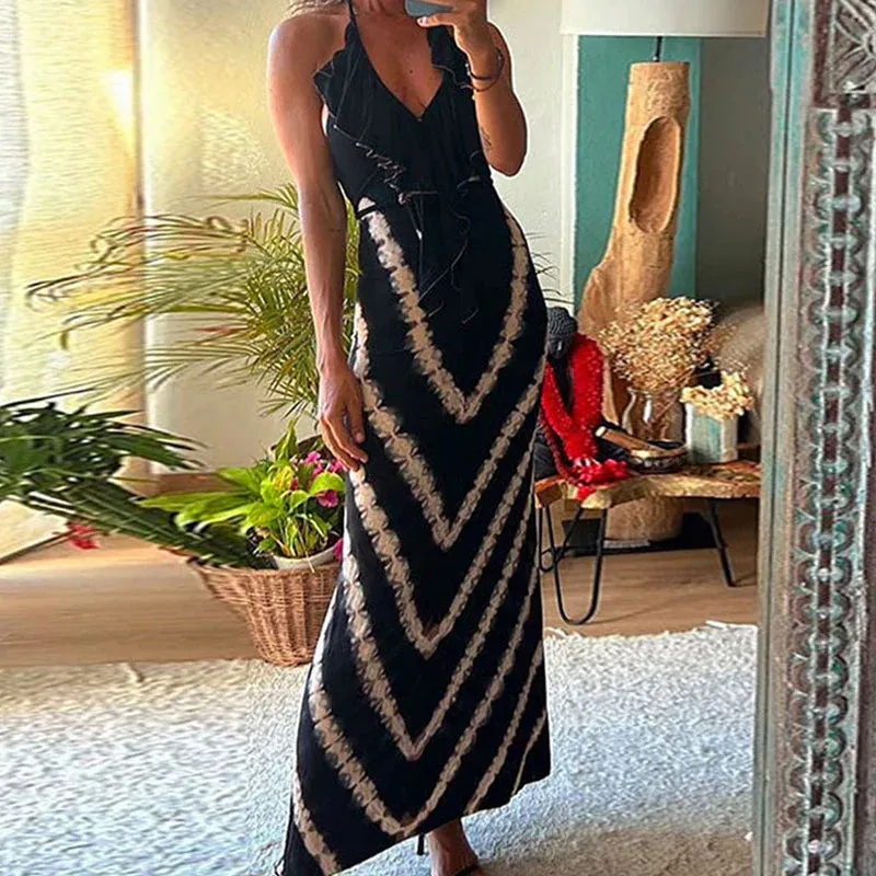 Waist Summer Dress Elegant Halter Slim Long Patterned Printed Party High