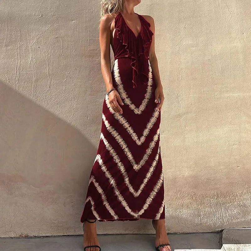 Waist Summer Dress Elegant Halter Slim Long Patterned Printed Party High