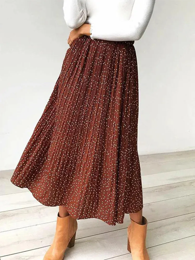 White Dots Floral Print Pleated Midi Skirt Women Elastic High Waist Side Pockets Skirts Summer 2019 Elegant Female Bottom