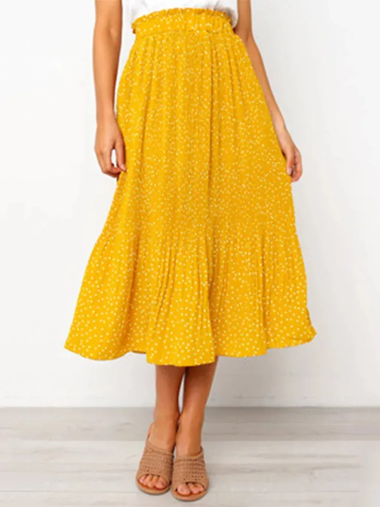 White Dots Floral Print Pleated Midi Skirt Women Elastic High Waist Side Pockets Skirts Summer 2019 Elegant Female Bottom