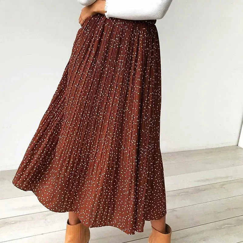 White Dots Floral Print Pleated Midi Skirt Women Elastic High Waist Side Pockets Skirts Summer 2019 Elegant Female Bottom