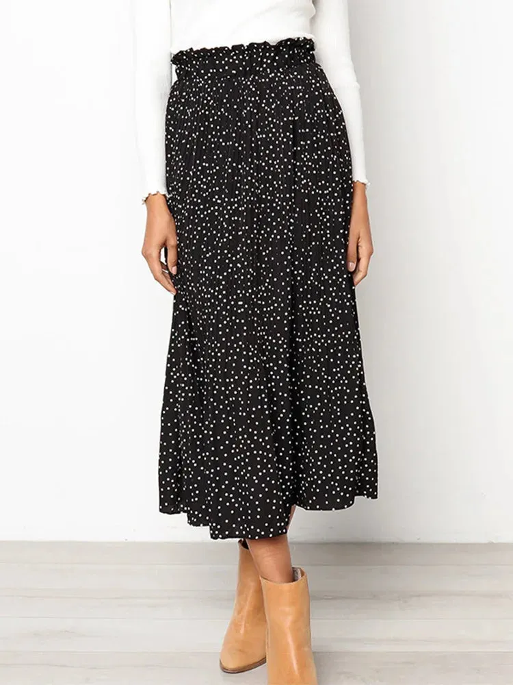 White Dots Floral Print Pleated Midi Skirt Women Elastic High Waist Side Pockets Skirts Summer 2019 Elegant Female Bottom