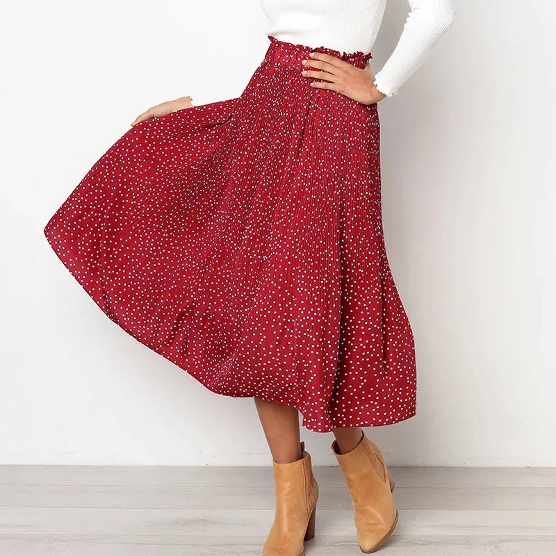 White Dots Floral Print Pleated Midi Skirt Women Elastic High Waist Side Pockets Skirts Summer 2019 Elegant Female Bottom