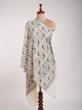 White Pure Cashmere Scarf with Black Sozni Embroidery