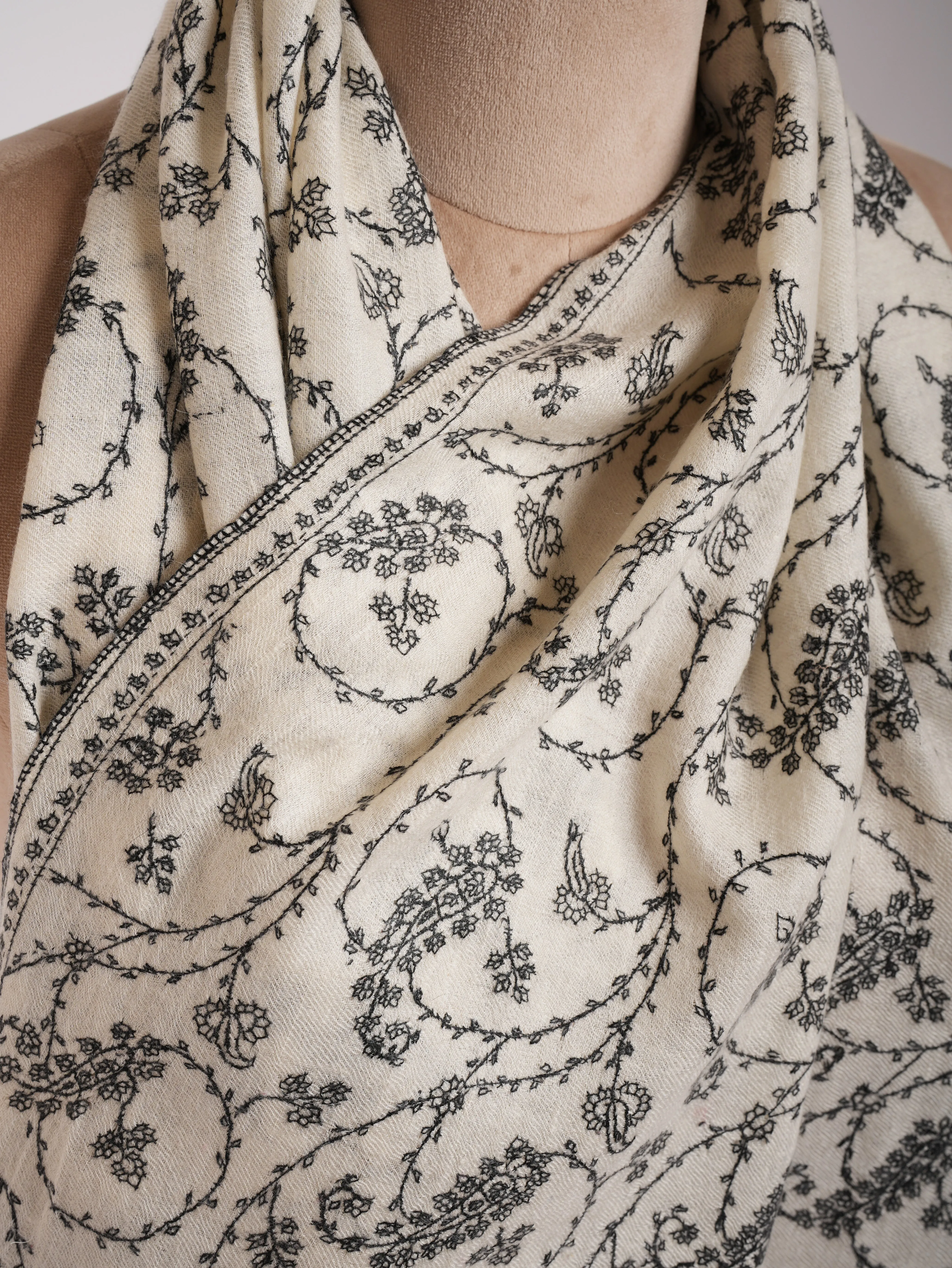 White Pure Cashmere Scarf with Black Sozni Embroidery