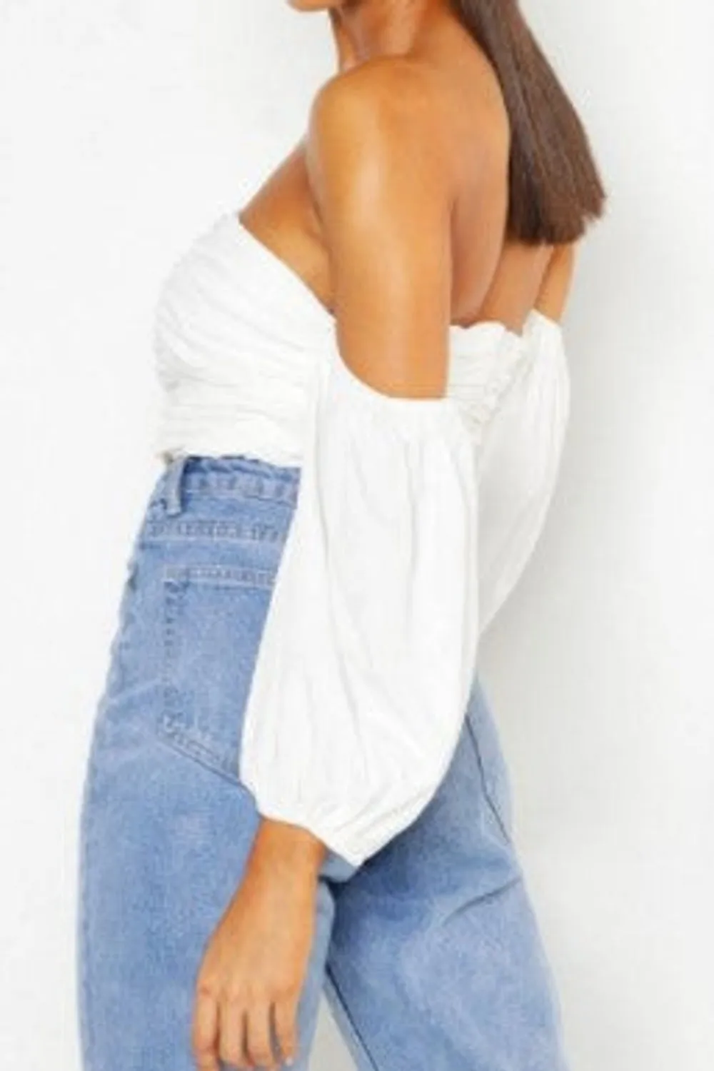 White Ruched Volume Sleeve Crop Top