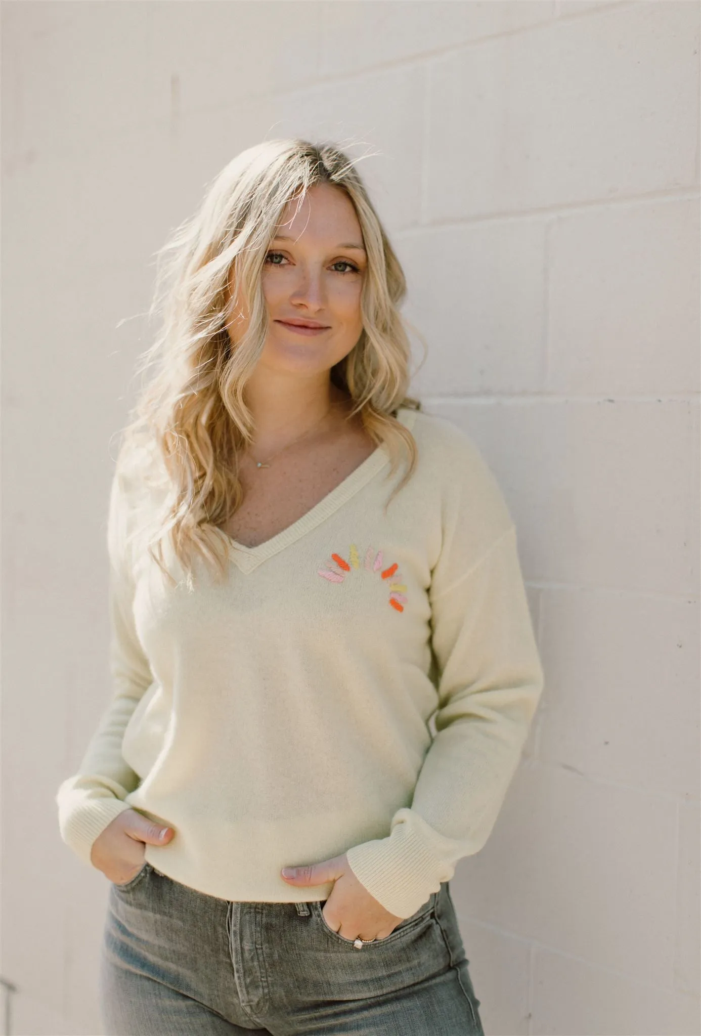 White   Warren - Cashmere Hand Embroidered Sunburst V-Neck Sweater in Sunshine