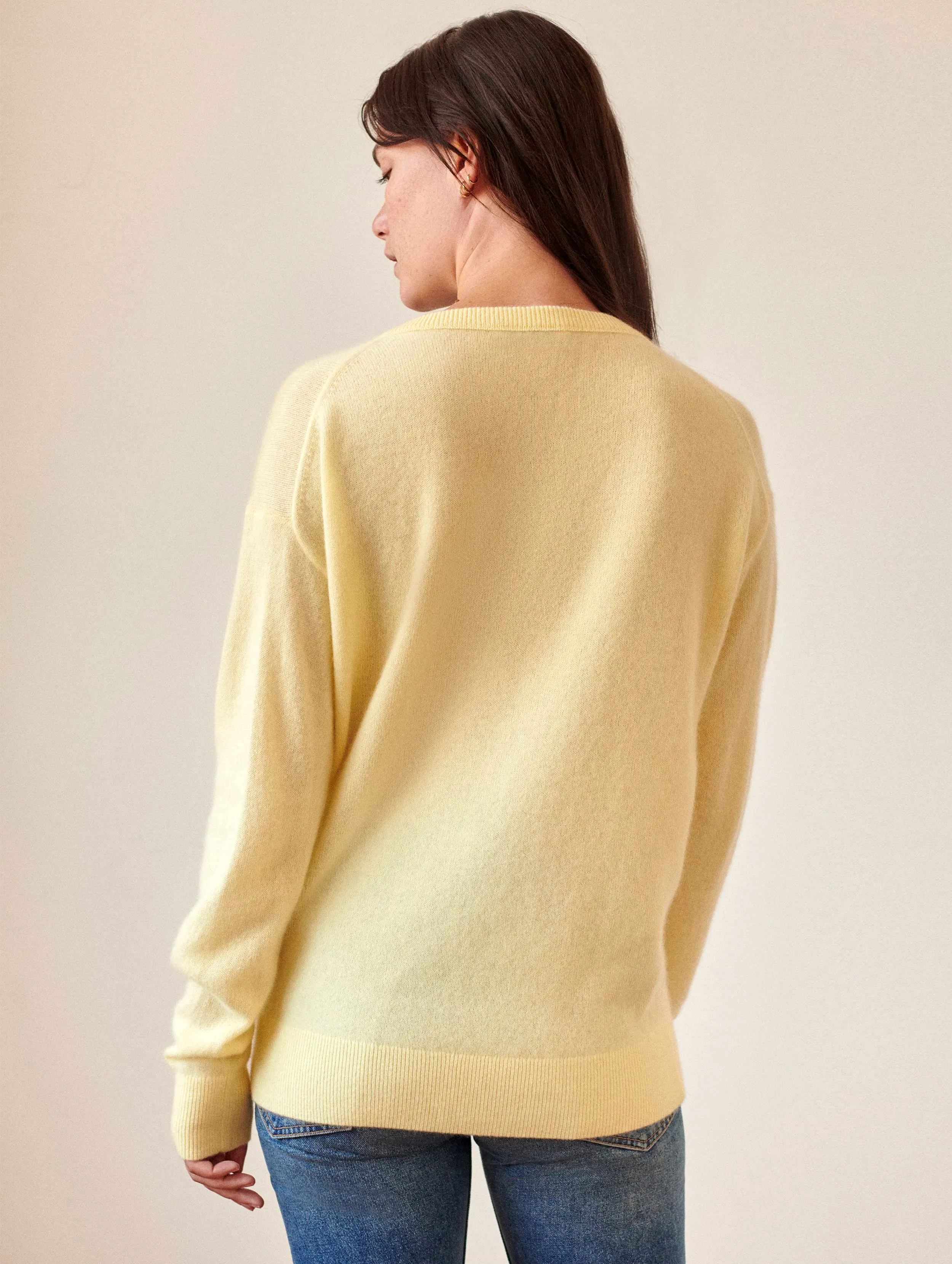 White   Warren - Cashmere Hand Embroidered Sunburst V-Neck Sweater in Sunshine