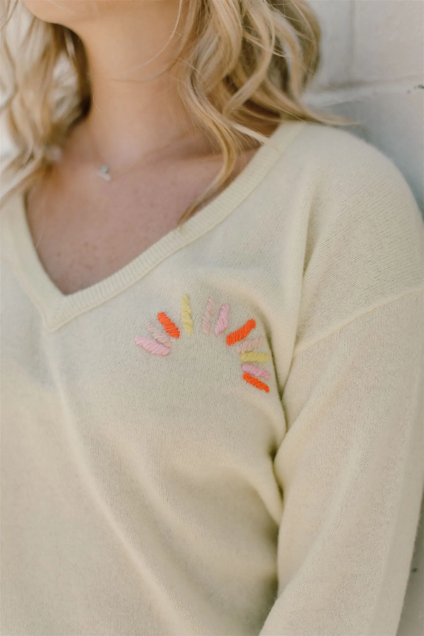 White   Warren - Cashmere Hand Embroidered Sunburst V-Neck Sweater in Sunshine