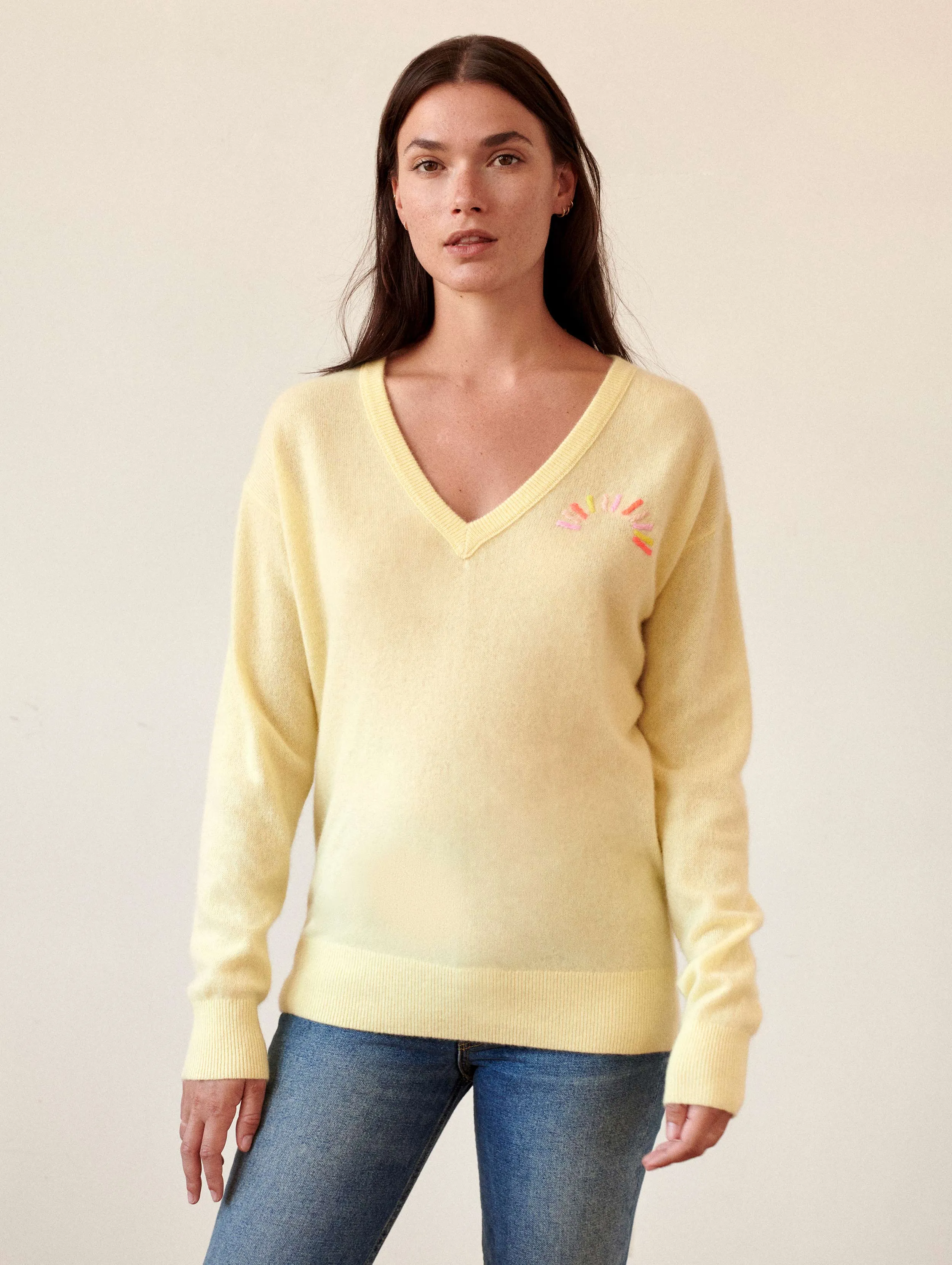 White   Warren - Cashmere Hand Embroidered Sunburst V-Neck Sweater in Sunshine