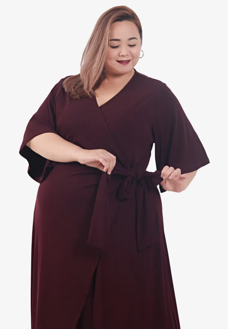 Wilda Ribbed Faux Wrap Midi Dress - Burgundy