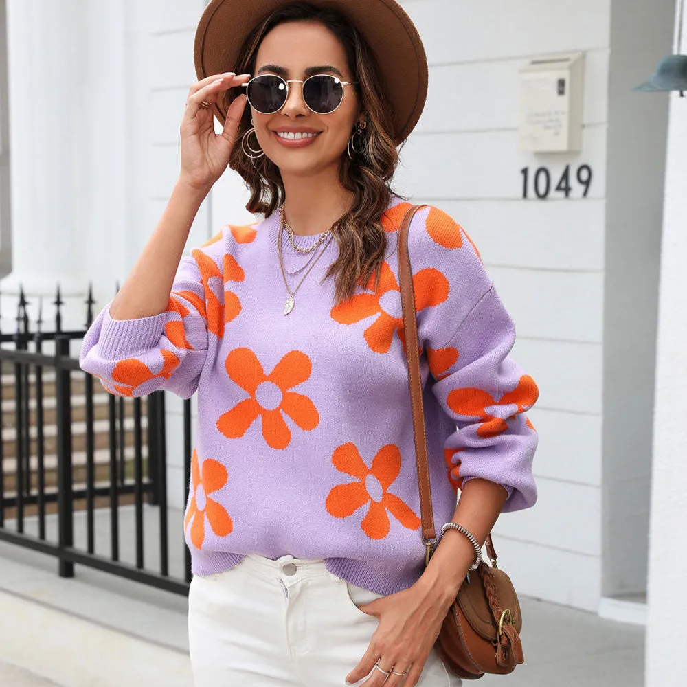 Winter Cute Floral Jacquard Crewneck Drop Shoulder Pullover Sweater