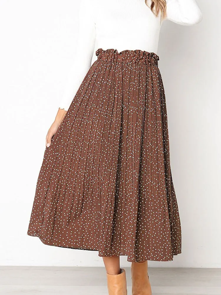 Wjczt Boho Sweet Polka Dot Print Pleated Women Midi Skirt Vintage Elastic Waist Pocket Ladies Long Skirts Elegant Clothes