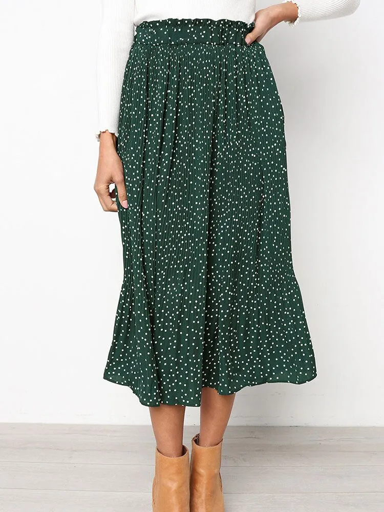 Wjczt Boho Sweet Polka Dot Print Pleated Women Midi Skirt Vintage Elastic Waist Pocket Ladies Long Skirts Elegant Clothes