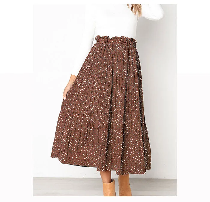 Wjczt Boho Sweet Polka Dot Print Pleated Women Midi Skirt Vintage Elastic Waist Pocket Ladies Long Skirts Elegant Clothes