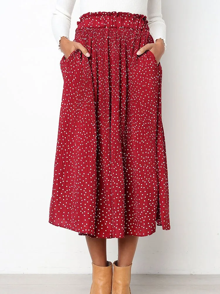 Wjczt Boho Sweet Polka Dot Print Pleated Women Midi Skirt Vintage Elastic Waist Pocket Ladies Long Skirts Elegant Clothes