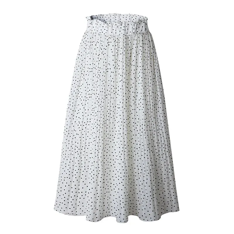 Wjczt Boho Sweet Polka Dot Print Pleated Women Midi Skirt Vintage Elastic Waist Pocket Ladies Long Skirts Elegant Clothes