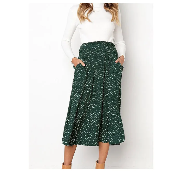 Wjczt Boho Sweet Polka Dot Print Pleated Women Midi Skirt Vintage Elastic Waist Pocket Ladies Long Skirts Elegant Clothes