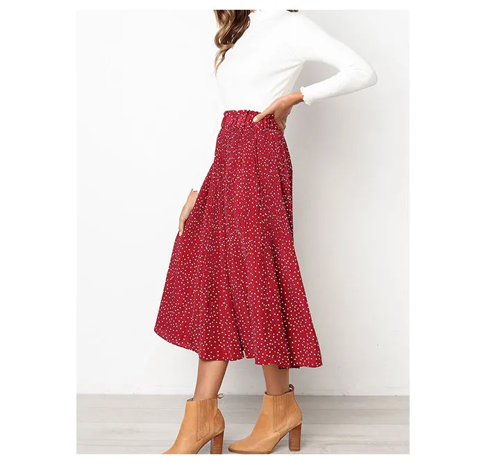 Wjczt Boho Sweet Polka Dot Print Pleated Women Midi Skirt Vintage Elastic Waist Pocket Ladies Long Skirts Elegant Clothes