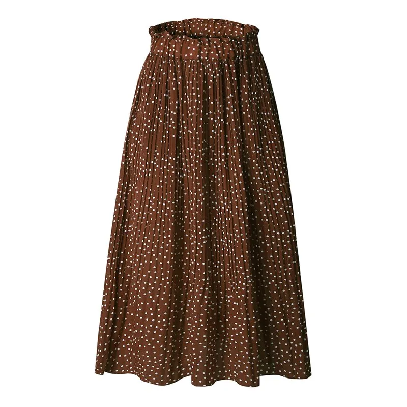 Wjczt Boho Sweet Polka Dot Print Pleated Women Midi Skirt Vintage Elastic Waist Pocket Ladies Long Skirts Elegant Clothes