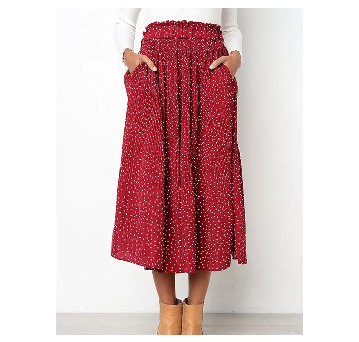 Wjczt Boho Sweet Polka Dot Print Pleated Women Midi Skirt Vintage Elastic Waist Pocket Ladies Long Skirts Elegant Clothes