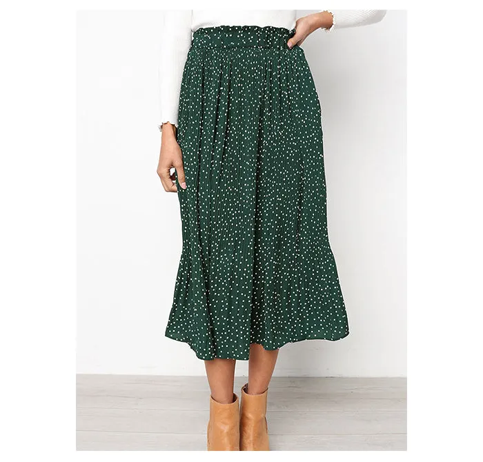 Wjczt Boho Sweet Polka Dot Print Pleated Women Midi Skirt Vintage Elastic Waist Pocket Ladies Long Skirts Elegant Clothes