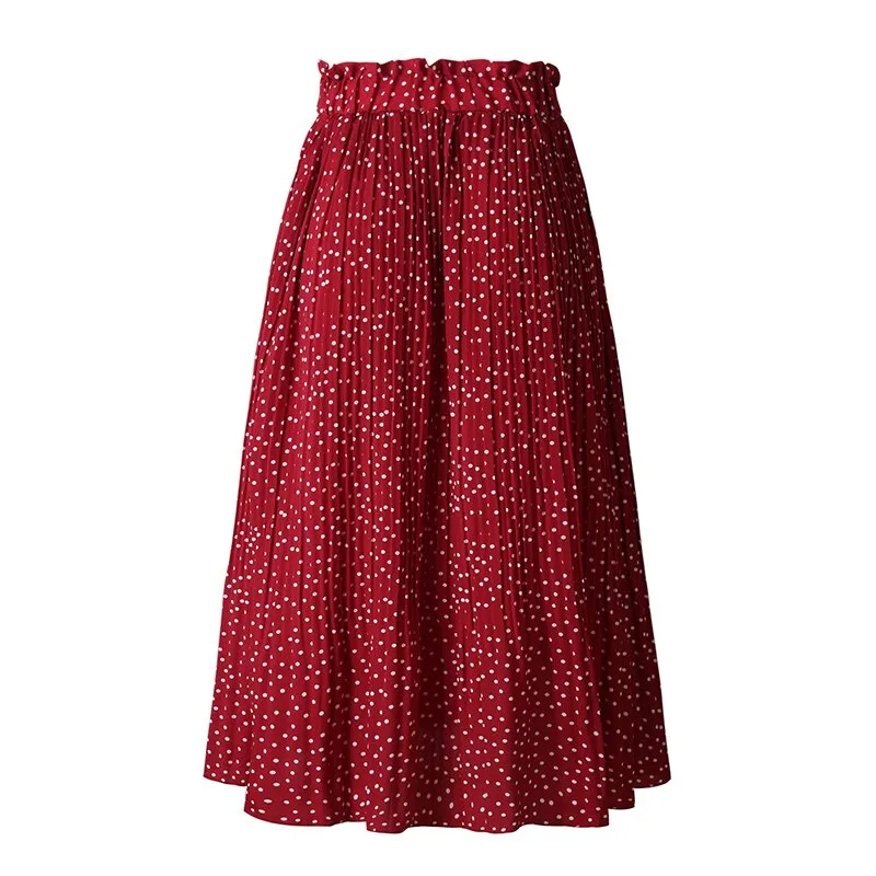 Wjczt Boho Sweet Polka Dot Print Pleated Women Midi Skirt Vintage Elastic Waist Pocket Ladies Long Skirts Elegant Clothes