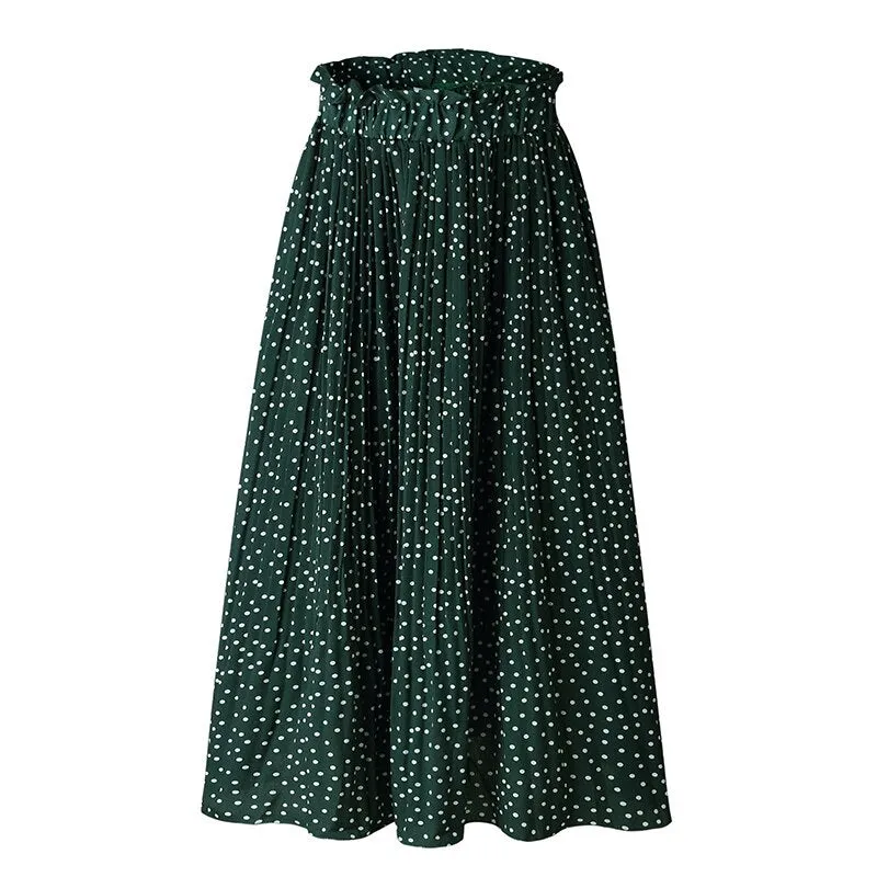 Wjczt Boho Sweet Polka Dot Print Pleated Women Midi Skirt Vintage Elastic Waist Pocket Ladies Long Skirts Elegant Clothes