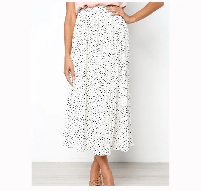 Wjczt Boho Sweet Polka Dot Print Pleated Women Midi Skirt Vintage Elastic Waist Pocket Ladies Long Skirts Elegant Clothes