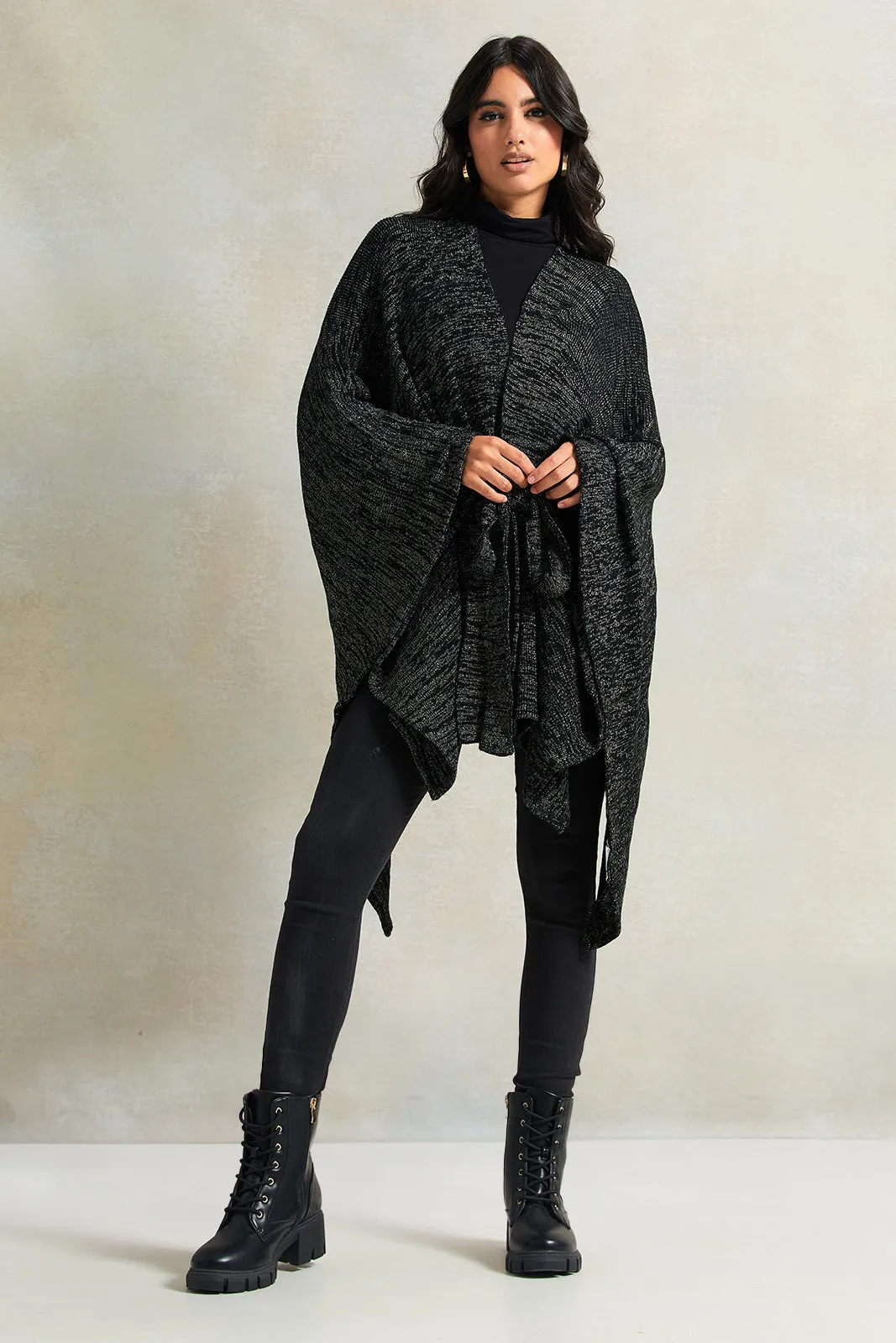 Women Black Lurex Pattern Front Knot Poncho