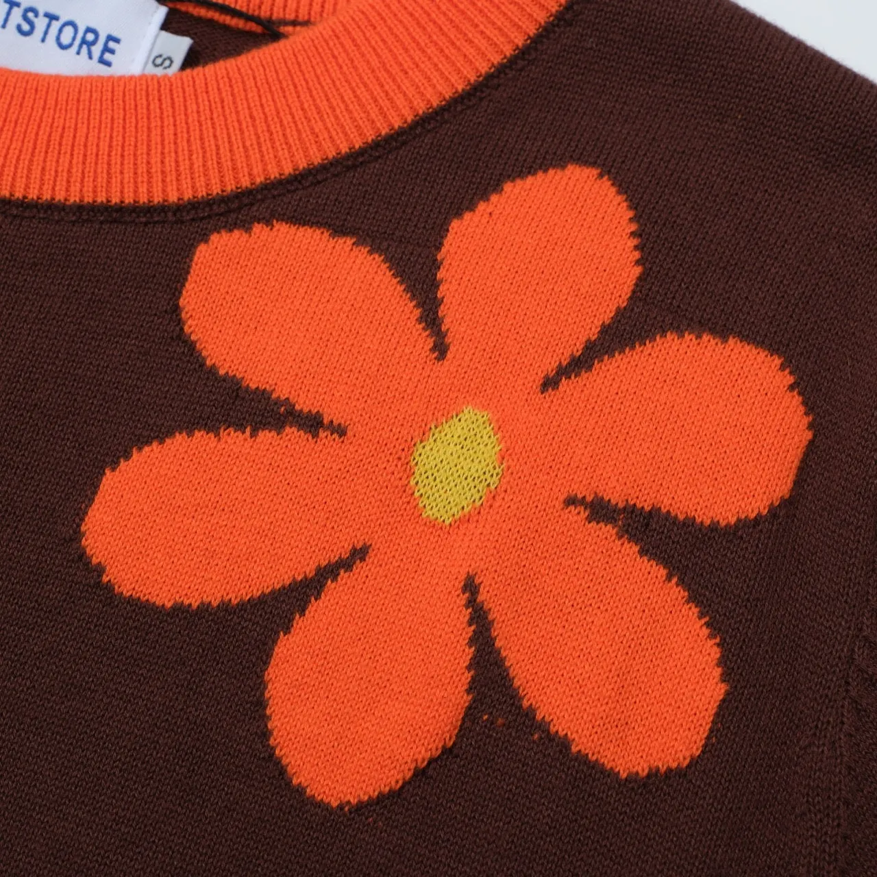 Women Orange Flowers Short Sleeves Brown Knitwear