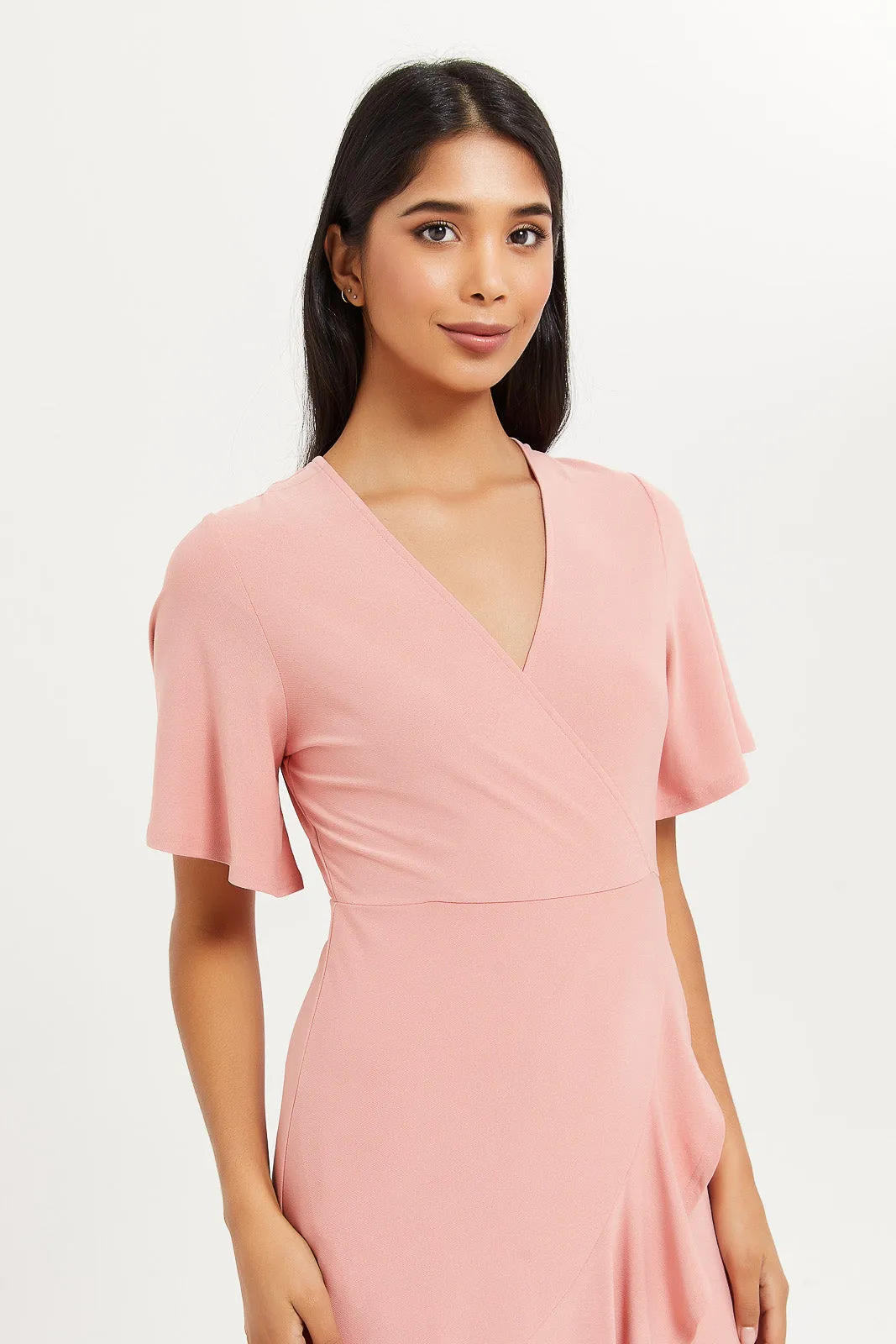 Women Pink Plain Wrap Dress