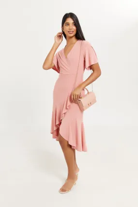 Women Pink Plain Wrap Dress