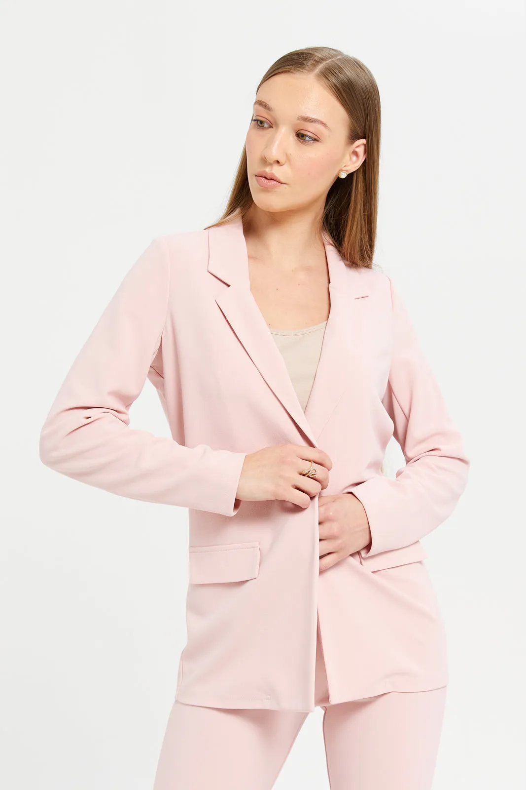 Women Pink Solid Single Breasted Blazer