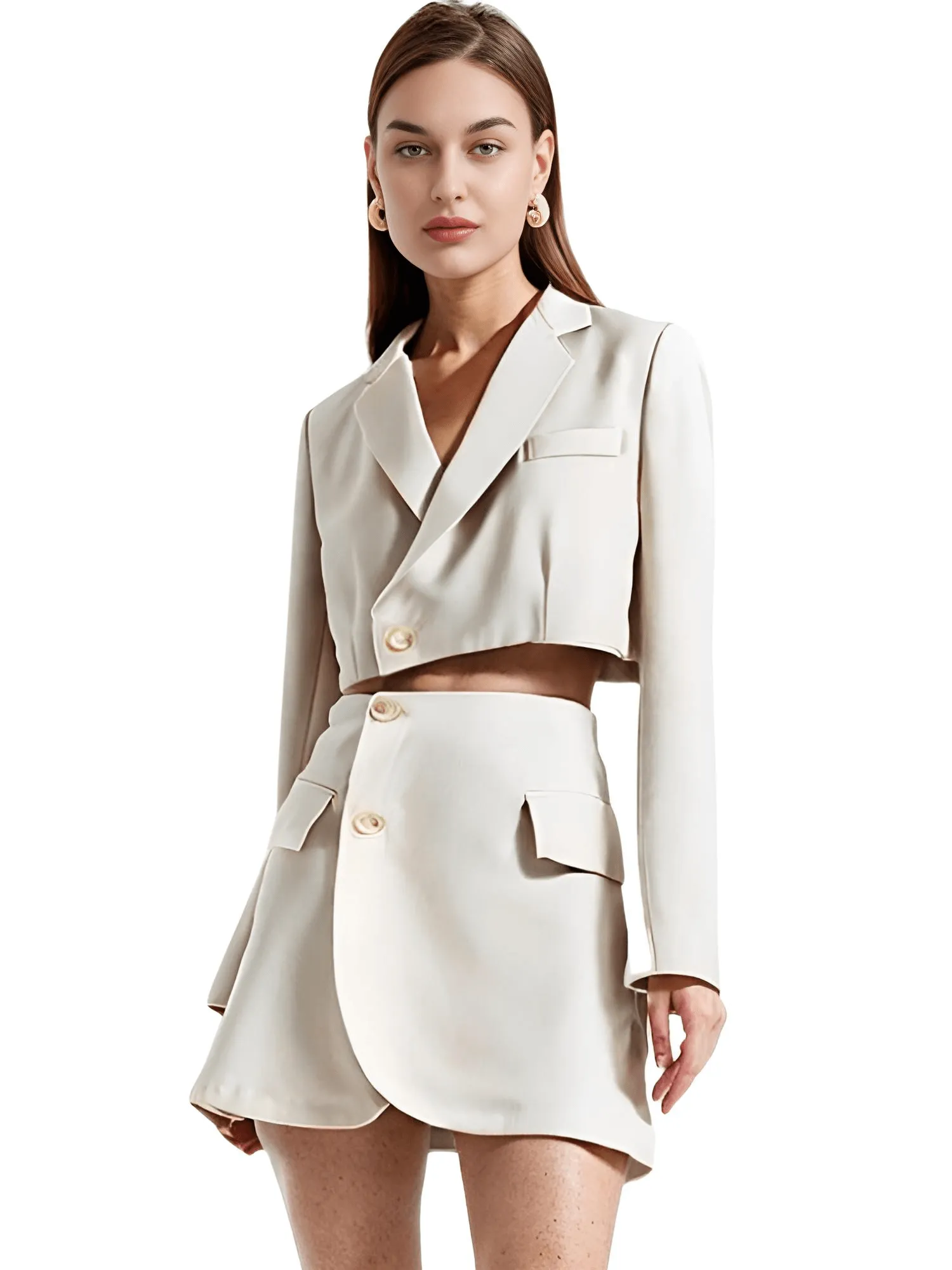 Women's Blazer Mini Skirt Set One Button Cropped Blazer And Cross Slit Skirt Set